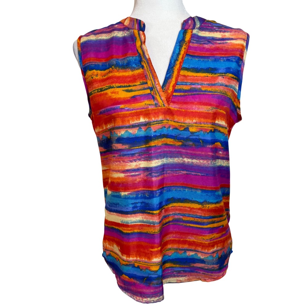 Watercolor Abstract Stripe Sleeveless Blouse V Neck Boho Vacation Top Women Med
